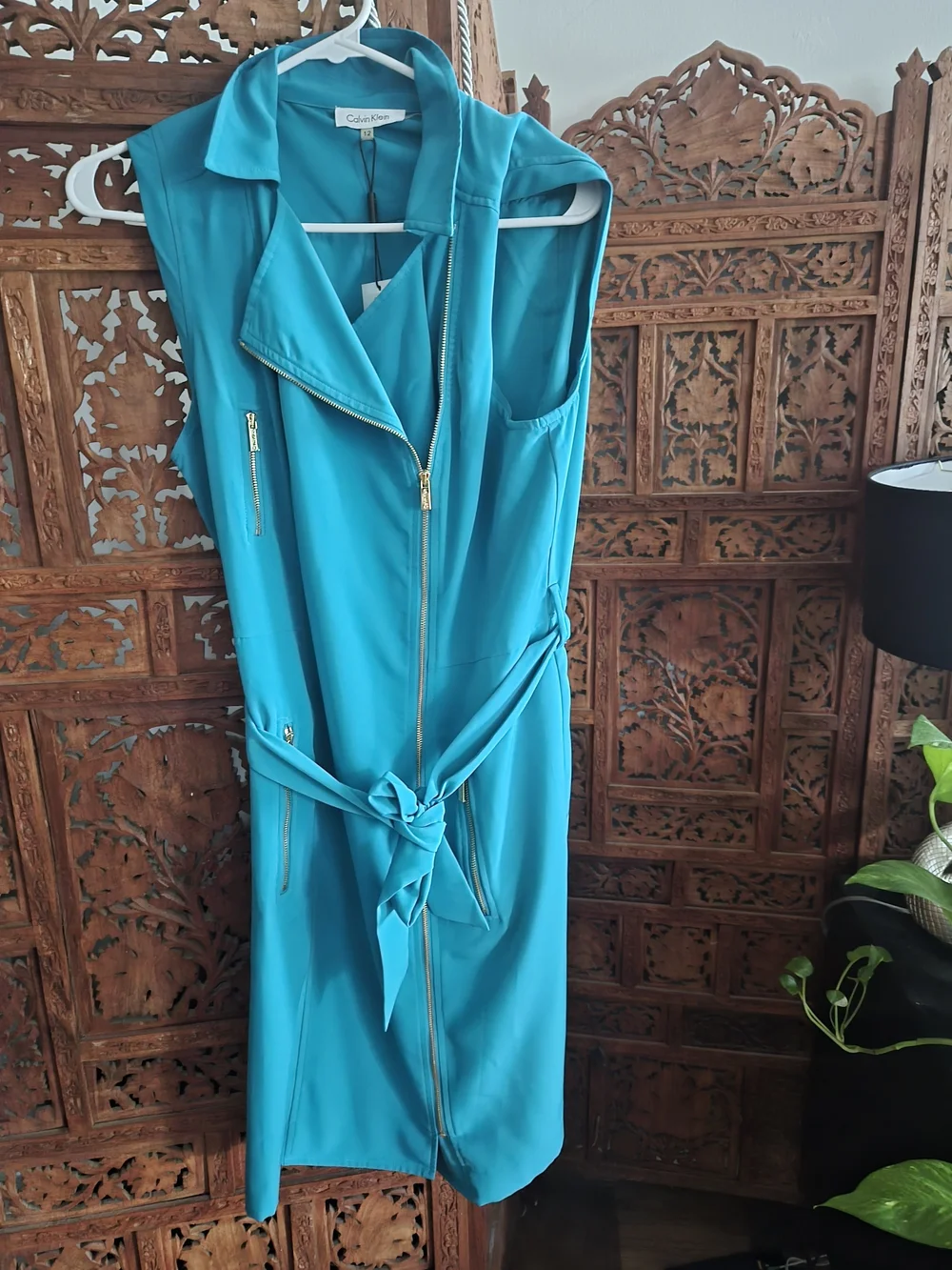 Calvin Klein Emerald Green Asymmetrical Zip Belted Sheath Dress
